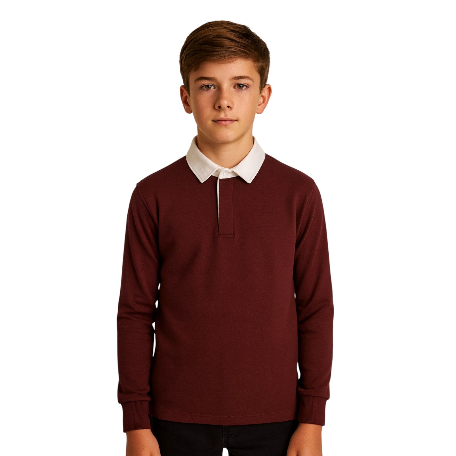 Classic rugby-style polo top for kids, long sleeves perfect for teams and schools in maroon red
